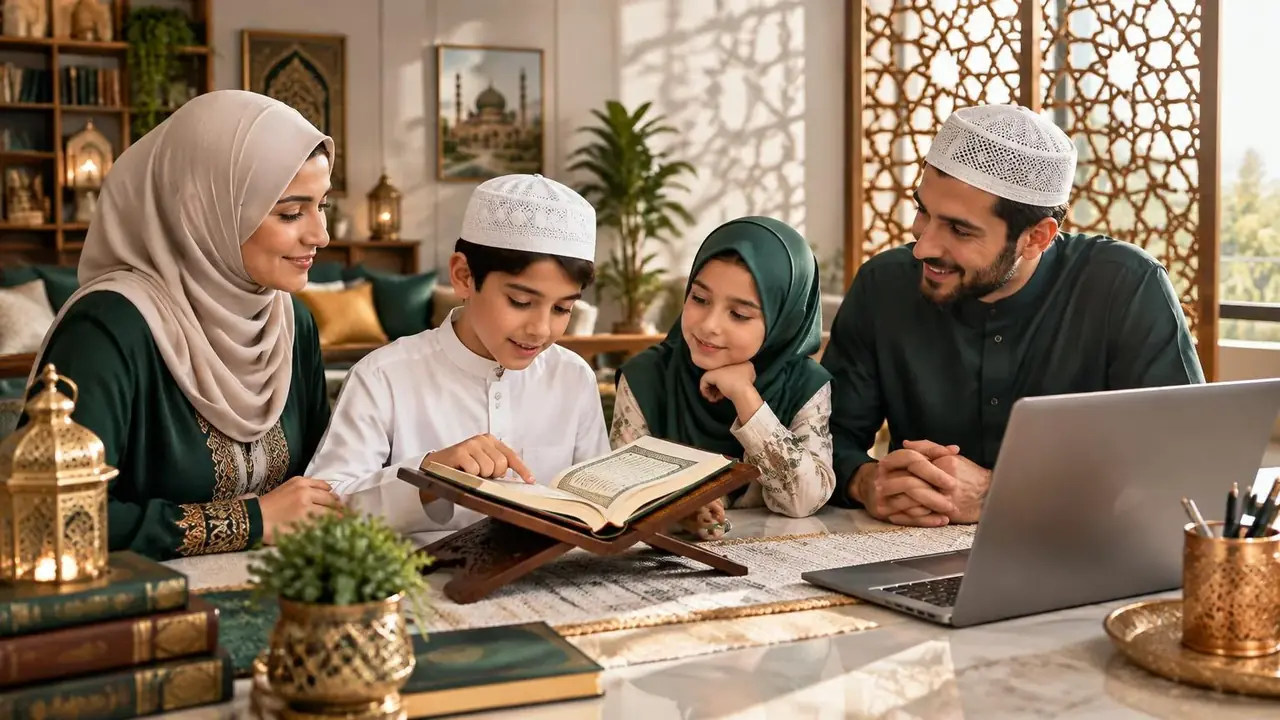 Muslim family learning Quran together at home