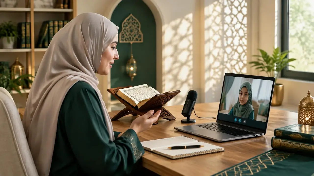 Female Quran teacher leading a focused online lesson