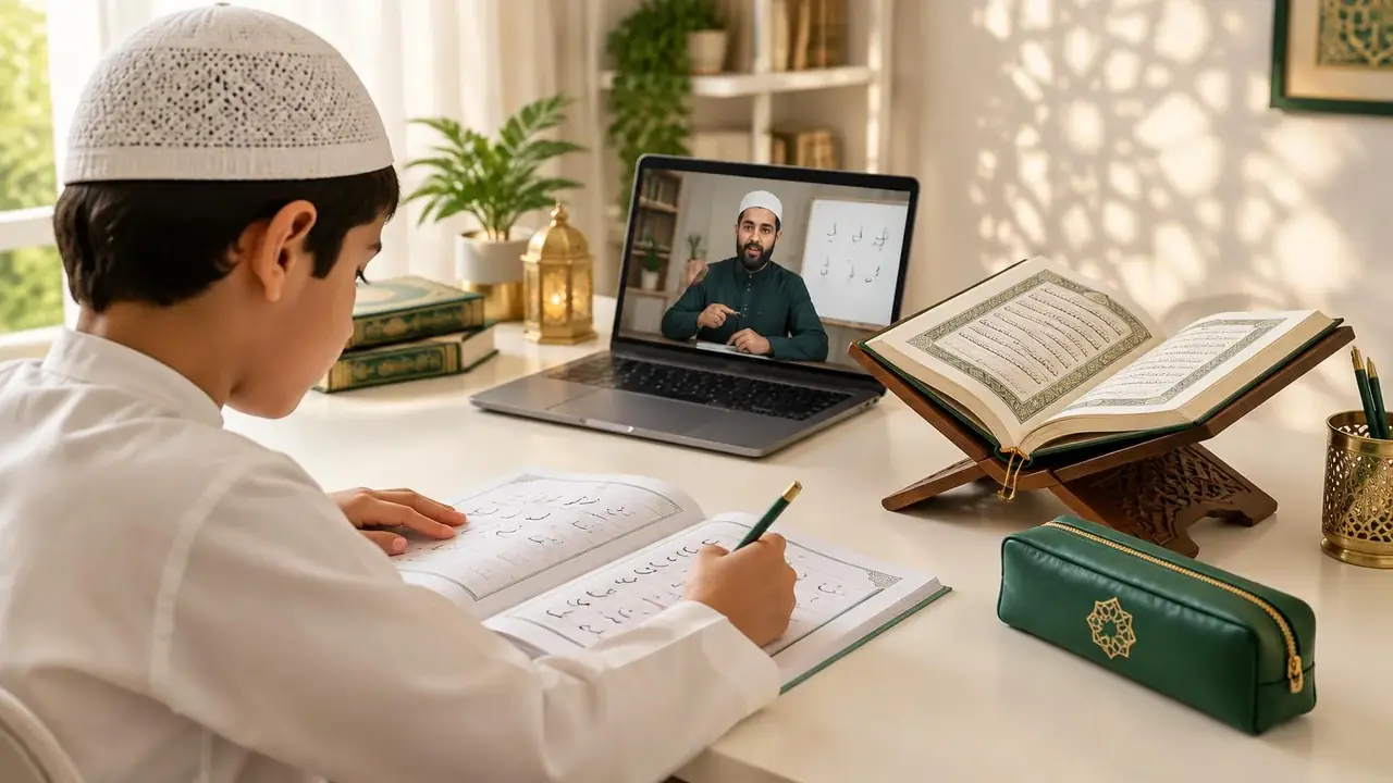 A child learning Arabic letters through an interactive Qaida Noorania lesson