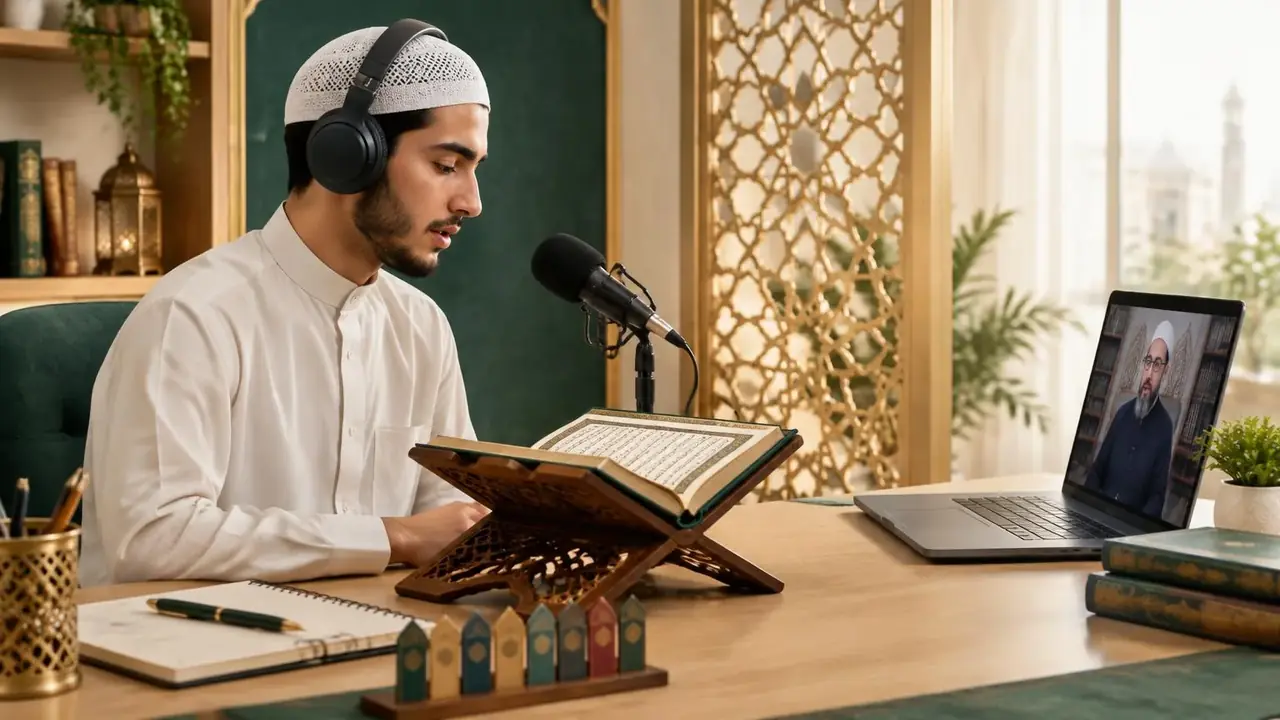 A scholar correcting a student's Quran recitation in a live one-to-one lesson