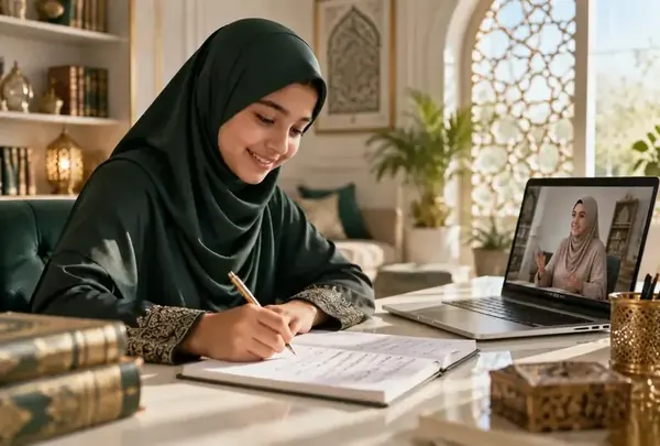 Girl in hijab writing Arabic with her female teacher online