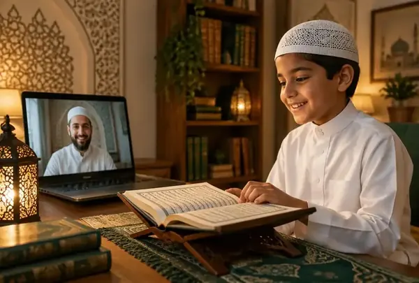 Boy reciting Quran with his male teacher online