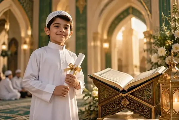 Boy holding a certificate beside an open Quran